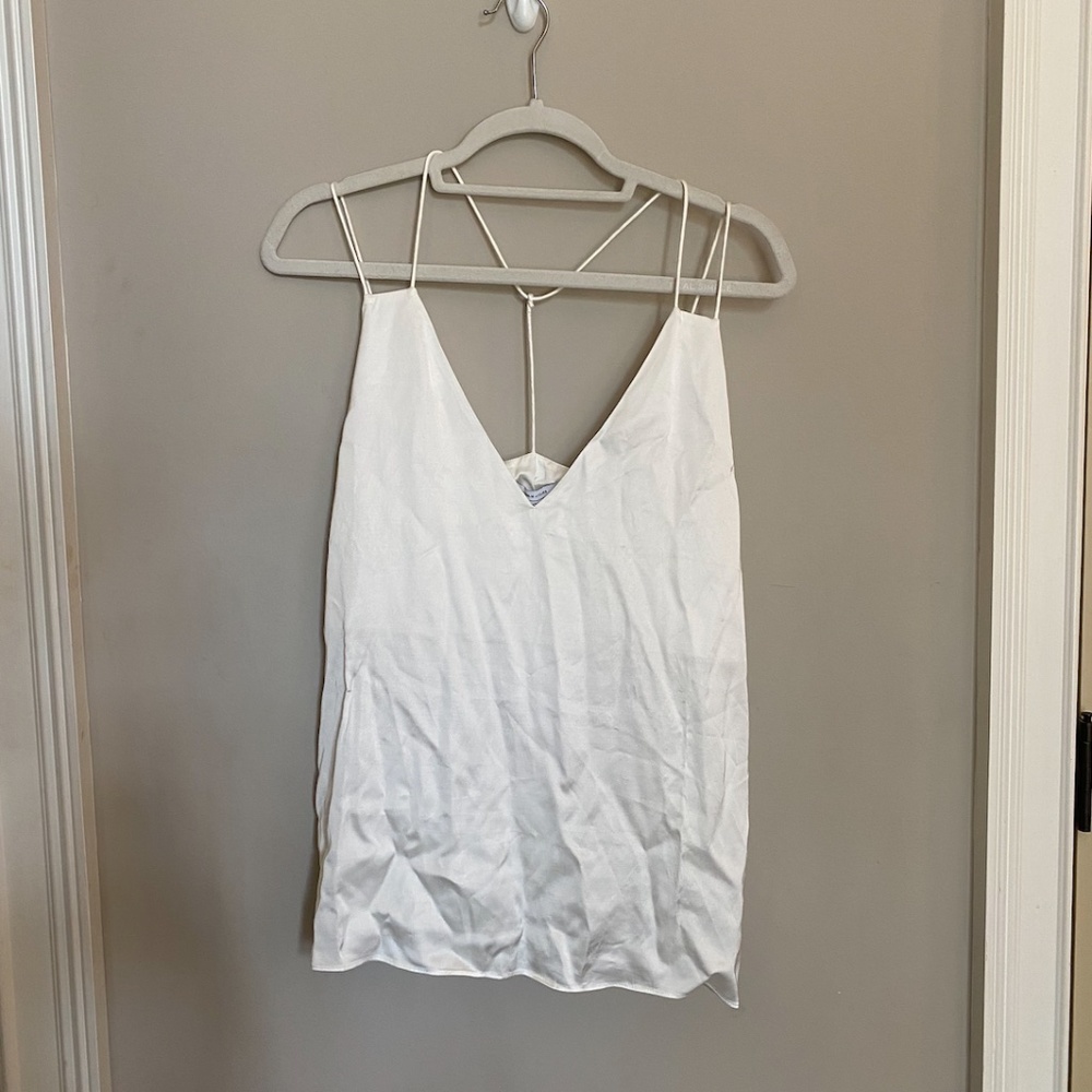 Strappy Silk White V Neck Tank Top